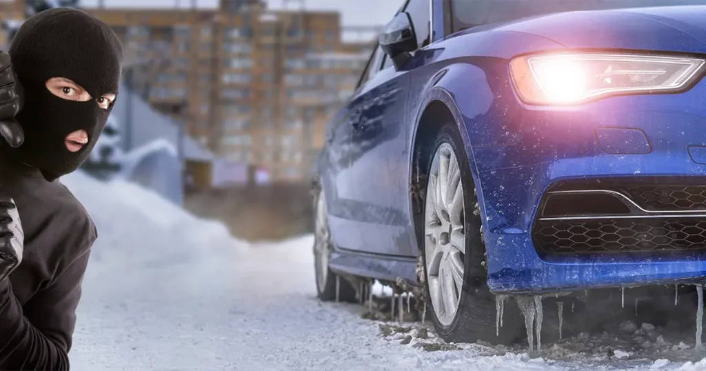 A robber peeking around a corner at a car in the snow