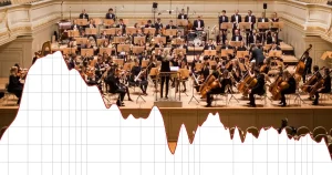 A picture of a orchestra with a sound graph on top of it