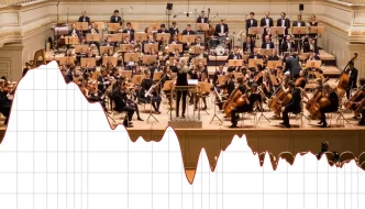 A picture of a orchestra with a sound graph on top of it