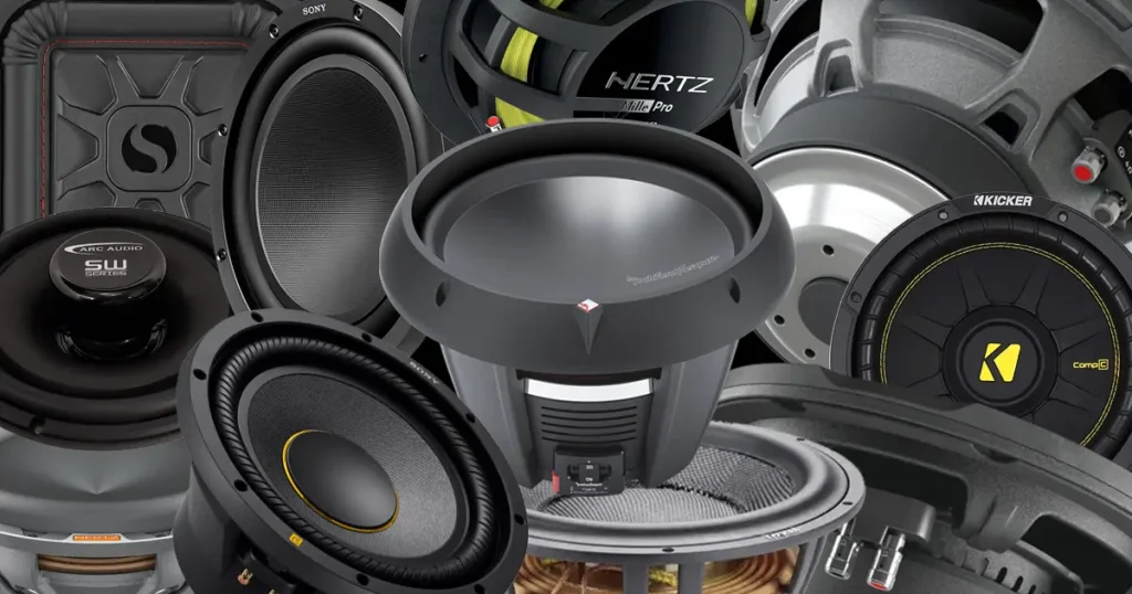 various subwoofers and speakers