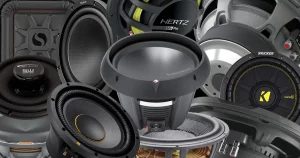 various subwoofers and speakers